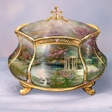 Thomas Kinkade Have Faith porcelain musical prayer box with garden artwork and gold cross