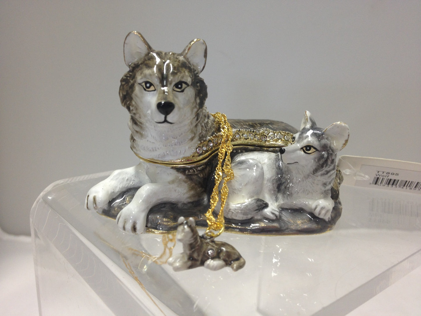 Wolf and Cub Enameled Trinket Box Hidden Treasures with Necklace