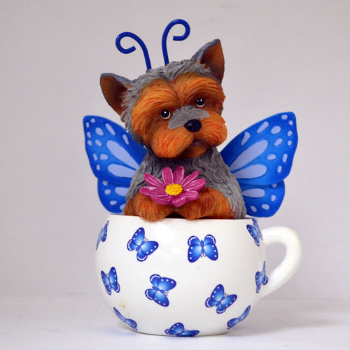 Beautiful Yorkie Dog Butterfly in Tea Cup Figurine Bradford Exchange