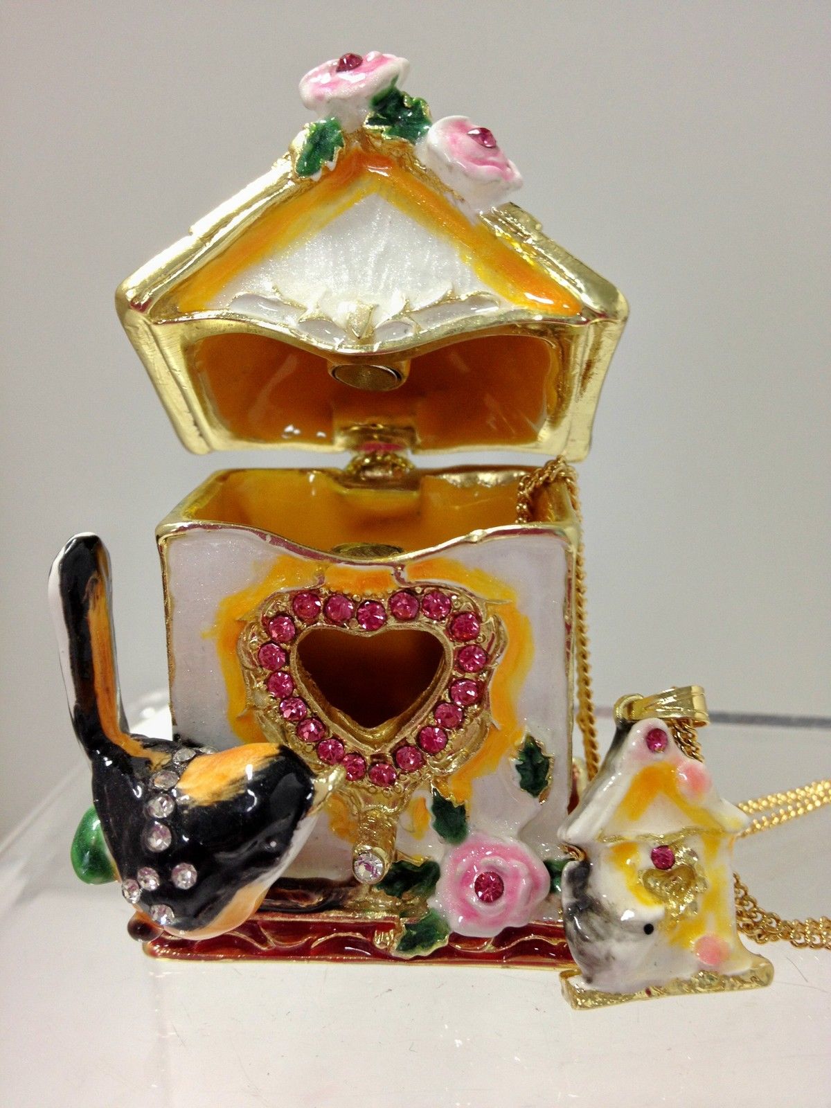 Goldfinch House Treasures Trinket Box Bird with Necklace Inside Chain Pendant