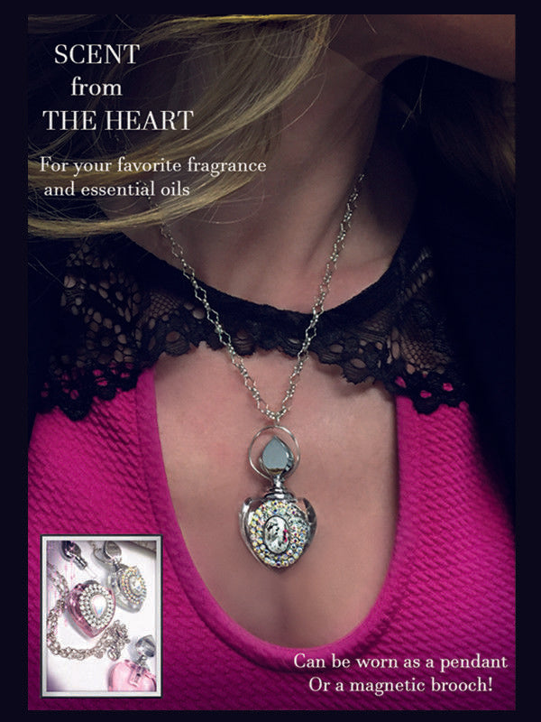 PERFUME PENDANT / BROOCH NECKLACE RHINESTONE PINK HEART STONE JACQUELINE KENT