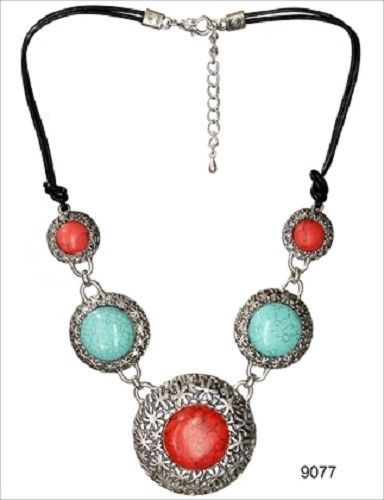 Turquoise & Coral Pendant Black Faux Leather Material Necklace Fashion Jewellery
