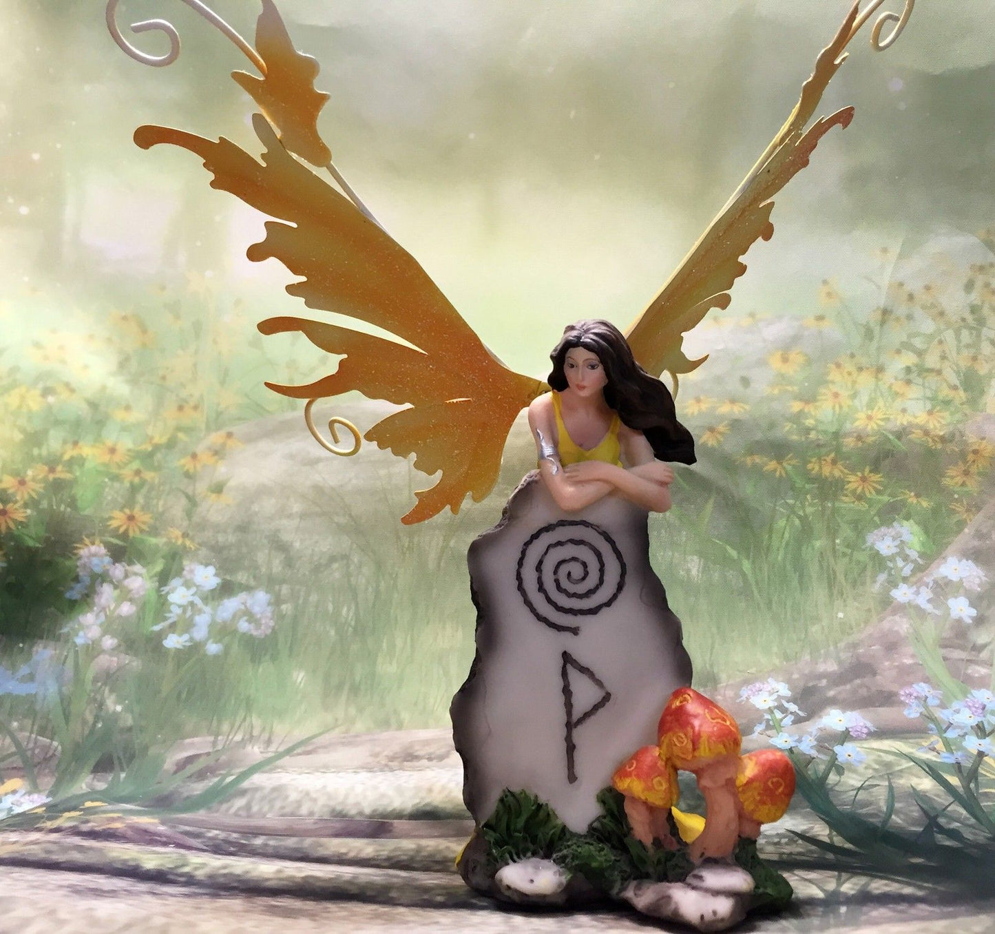 Yellow Fairy with Mythic Stone Legends of Avalon Figurine with Metal Wings