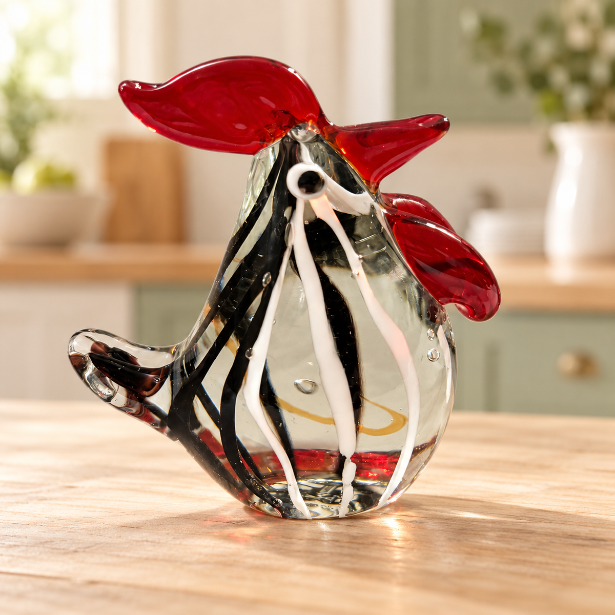 Clear glass rooster with black and white stripes and ruby-red comb on farmhouse kitchen background