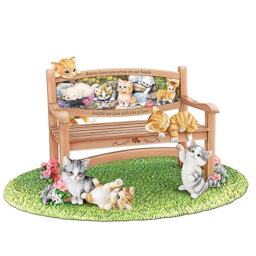 Paw Prints on my Heart Bench Cat Kitten Figurine Sculpture Bradford Exchange