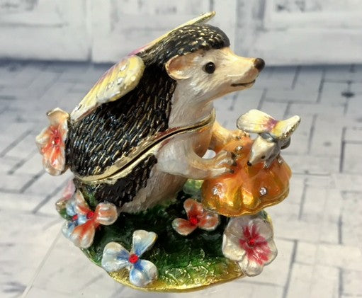 Hedgehog Enameled Trinket Box Hidden Treasures with Necklace