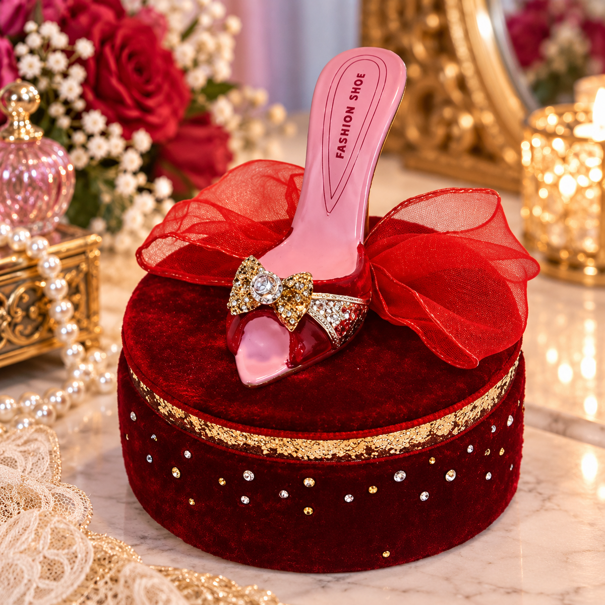 Leeber Giftware Red Velvet Fashion Shoe Trinket Box