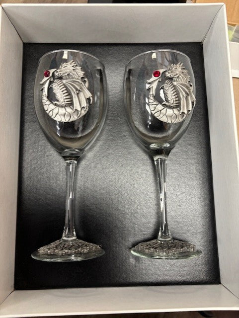 Dragon Wine Glasses set of two Pewter Dragon Emblem Fantasy
