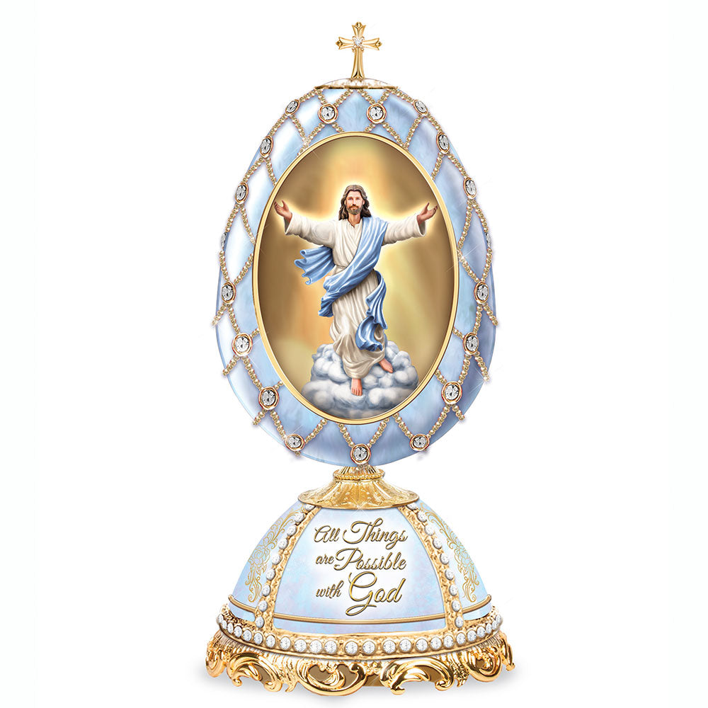 All Things Are Possible with God illuminated blue porcelain egg with Jesus figure and gold cross