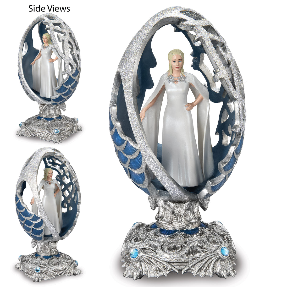 Game of Thrones Mother of Dragons Daenerys in white gown inside ornate blue and silver dragon egg sculpture
