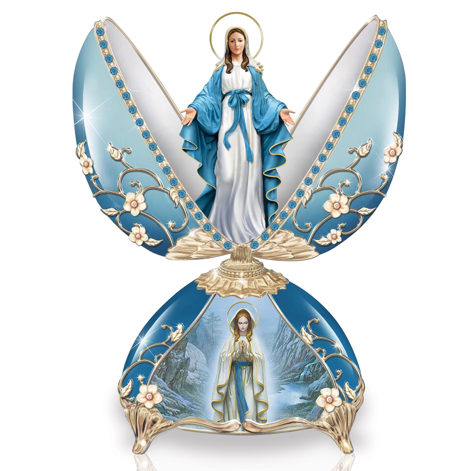 Miracle of Lourdes blue porcelain egg music box open to reveal Our Lady with a golden halo