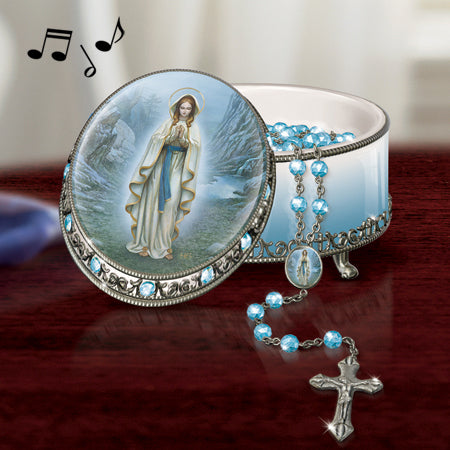 Our Lady of Lourdes porcelain musical rosary box with blue bead and pewter rosary
