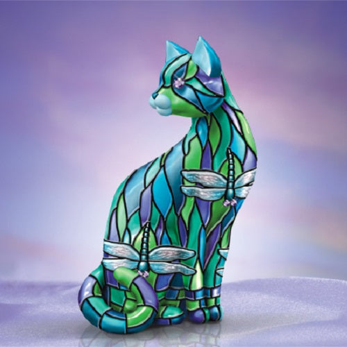 Tiffany Stained Glass Style Dragonfly Cat Figurine / Statue Bradford Exchange