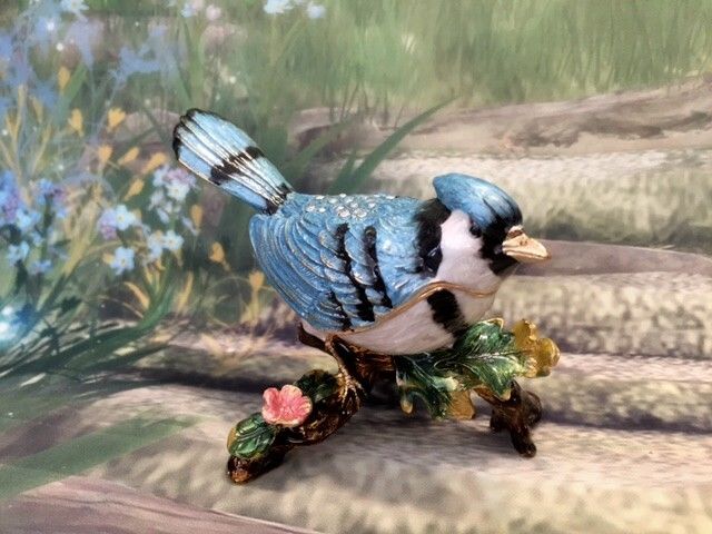 Blue Jay Bird Enamelled Treasures Trinket Box with Necklace