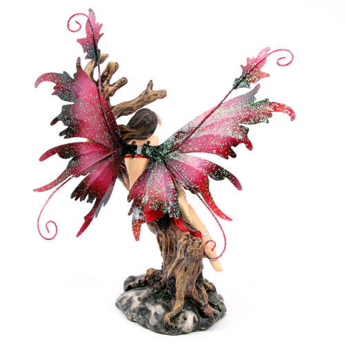 Fairy Daydreaming on Tree Red Figurine with Metal Wings - Legends of Avalon