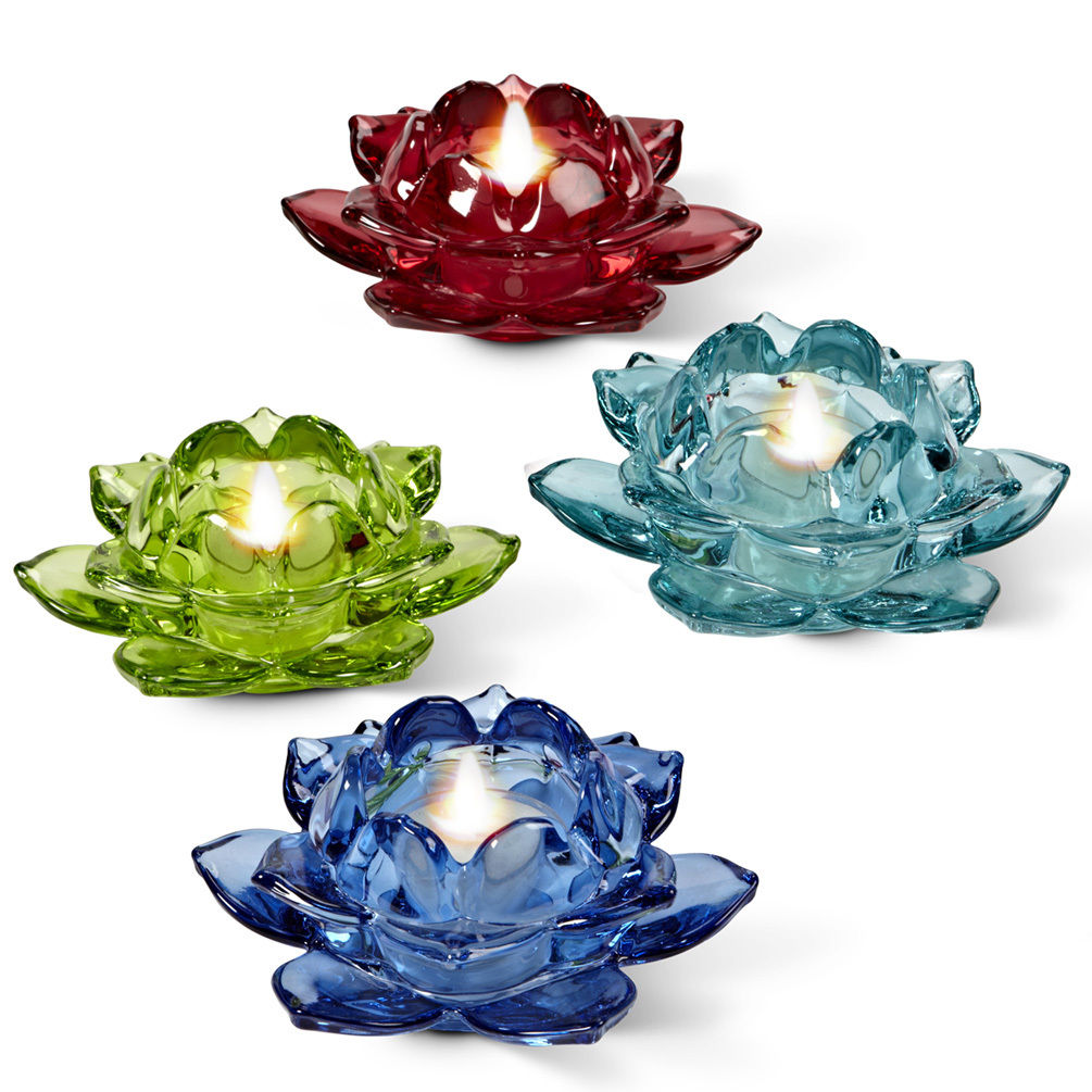 Flower Bloom Set of 4 Colorful Tea Light Candle Holders Free Soy Tealights - AB