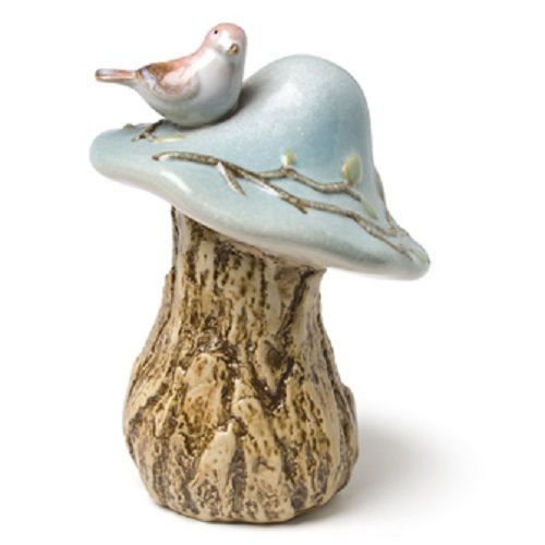 Large Ceramic Blue Mushroom with Bird Figurine Home Decor - AB