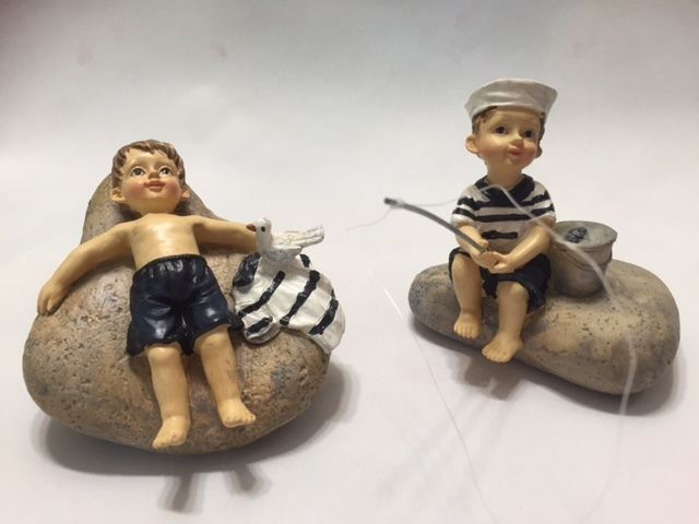 Little Boys Set of 2 Figurine - Laying on Rock and Fishing Resin