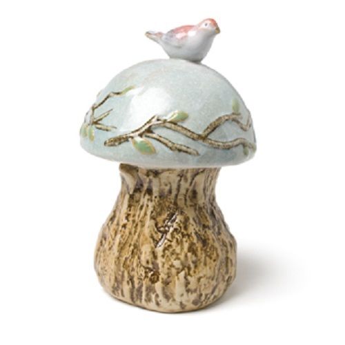 Medium Ceramic Blue Mushroom with Bird Figurine Home Decor - AB