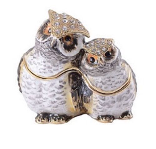 Mom and Baby Owl Enamelled Treasures Trinket Box with Necklace