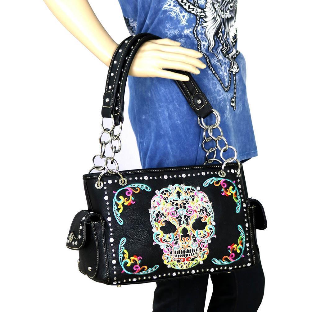 Montana West Sugar Skull Handbag Satchel Back Zippered Compartment