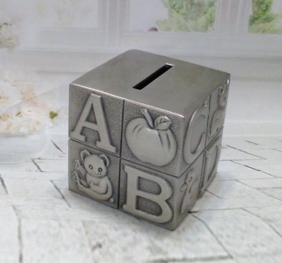 Pewter ABC Block  Money Bank Piggy Bank - Leeber