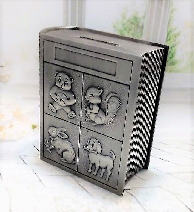 Pewter ABC Book Money Bank Piggy Bank - Leeber