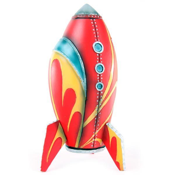 Red Retro Rocket Money Box  Spaceship  - Piggy Bank Resin