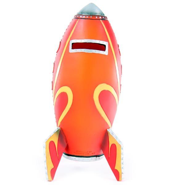 Red Retro Rocket Money Box  Spaceship  - Piggy Bank Resin