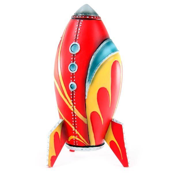 Red Retro Rocket Money Box  Spaceship  - Piggy Bank Resin