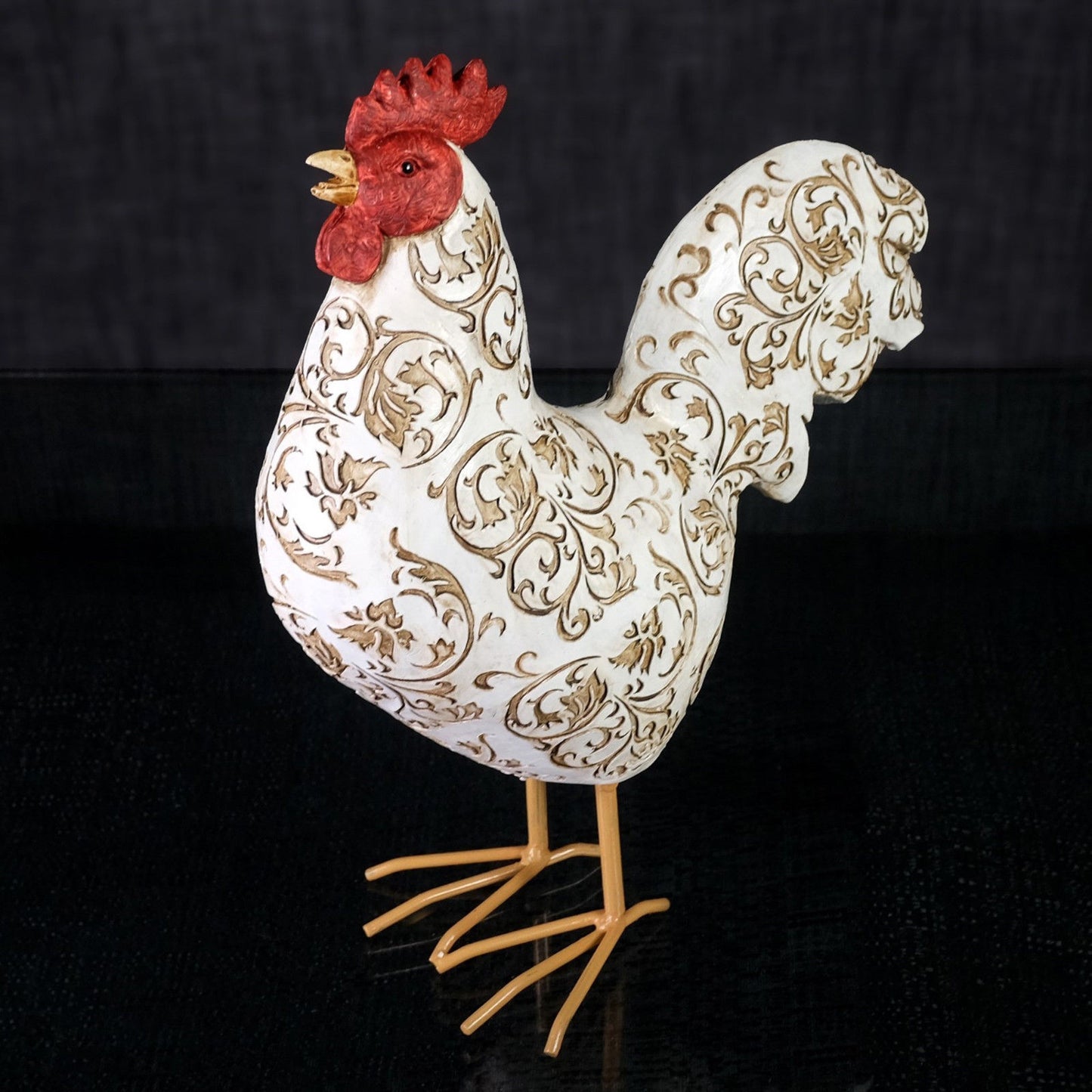 Rooster Damask Figurine White and Brown Resin Home Decor - LB 16-838