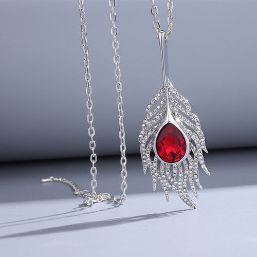 Silver Color Feather Style Pendant Red Necklace Fashion Jewellery Long Length