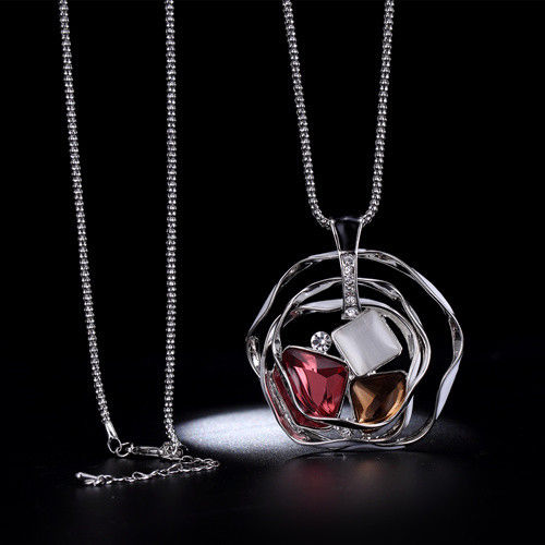 Silver Color Round Pendant 3 Ring Round Necklace Fashion Jewellery Long Length