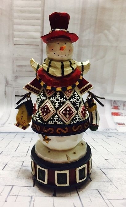 Snowman Folk Art Style Christmas Figurine Musical - San Francisco Music Box