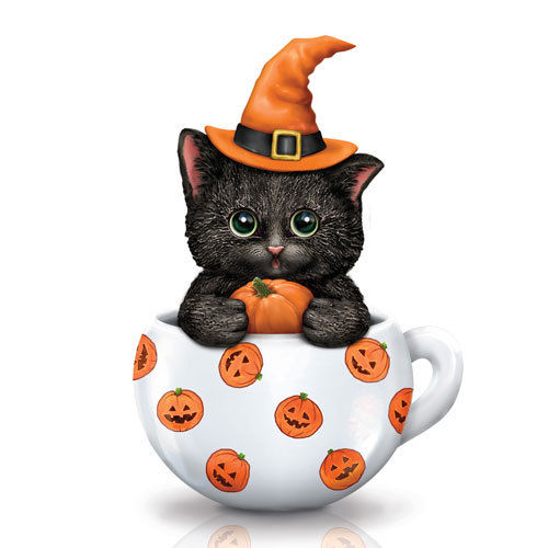 Sweet and Spooky Cat / Kitten in a Teacup Pumpkin with Witch Hat Figurine