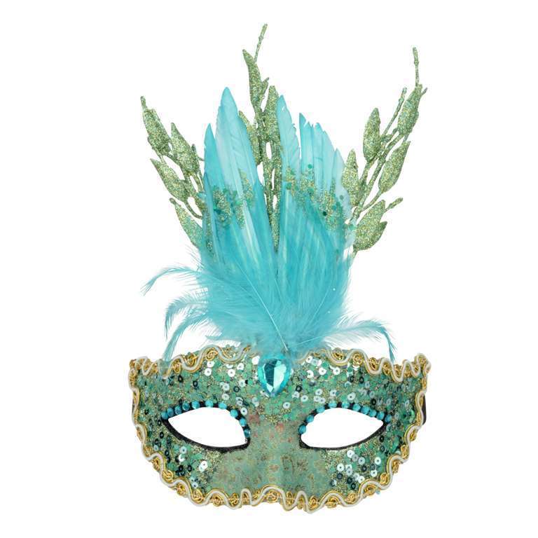 Turquoise Masquerade Style Mask with Feather - Costume Accessories