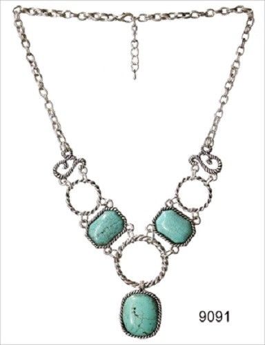 Turquoise Pendant on Silver Colour Chain Necklace Fashion Jewellery 9091