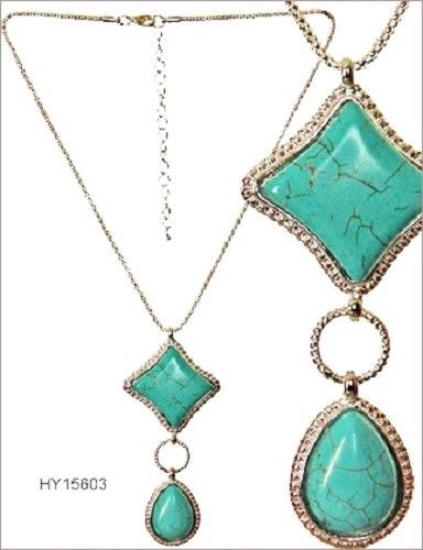 Turquoise Square and Teardrop Pendant on Silver Colour Chain Necklace Jewellery