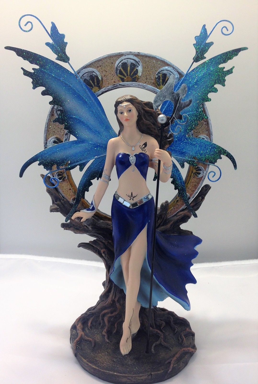 Warrior Fairy with Staff Blue Figurine Metal Wings - Legends of Avalon FYP03