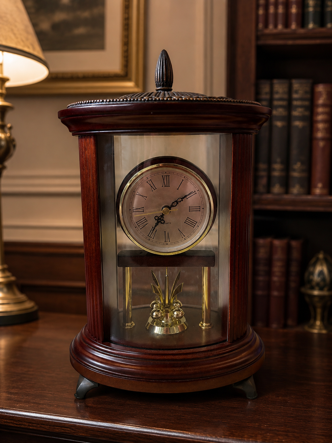 NEW Bombay Stores Traditional Wood-Tone Glass Mantel Clock with Pendulum