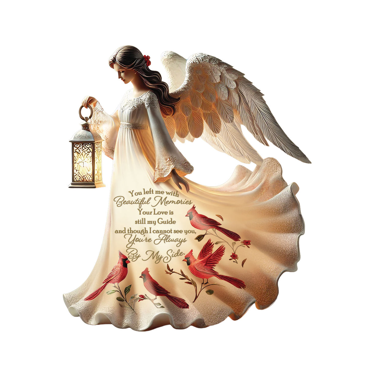 Beautiful Memories lighted remembrance angel with red cardinals and lantern