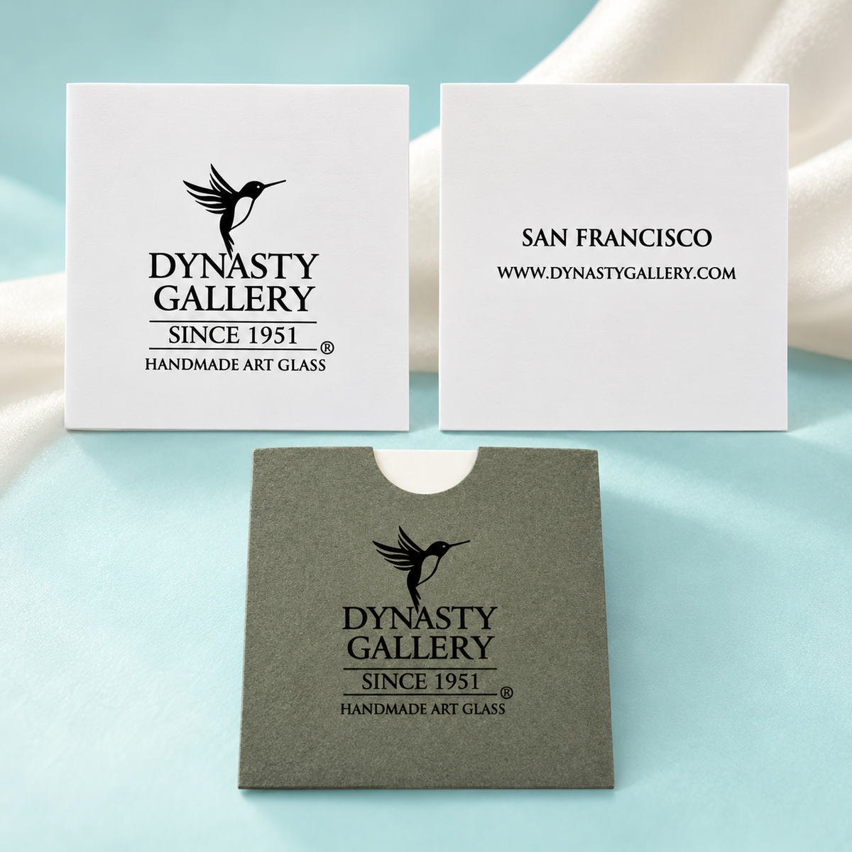 Views of included Dynasty Gallery card front, back and sleeve: Since 1951, Handmade Art Glass, San Francisco