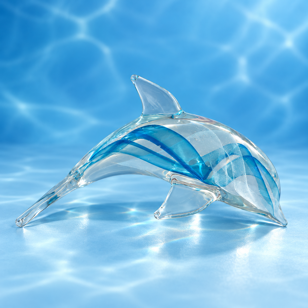 Dynasty Gallery clear glass dolphin with blue and white ribbons on ocean-blue background, shown in normal light