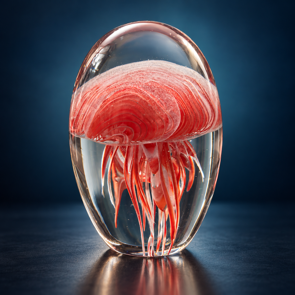 Edinburgh pink jellyfish oval glass paperweight on navy background