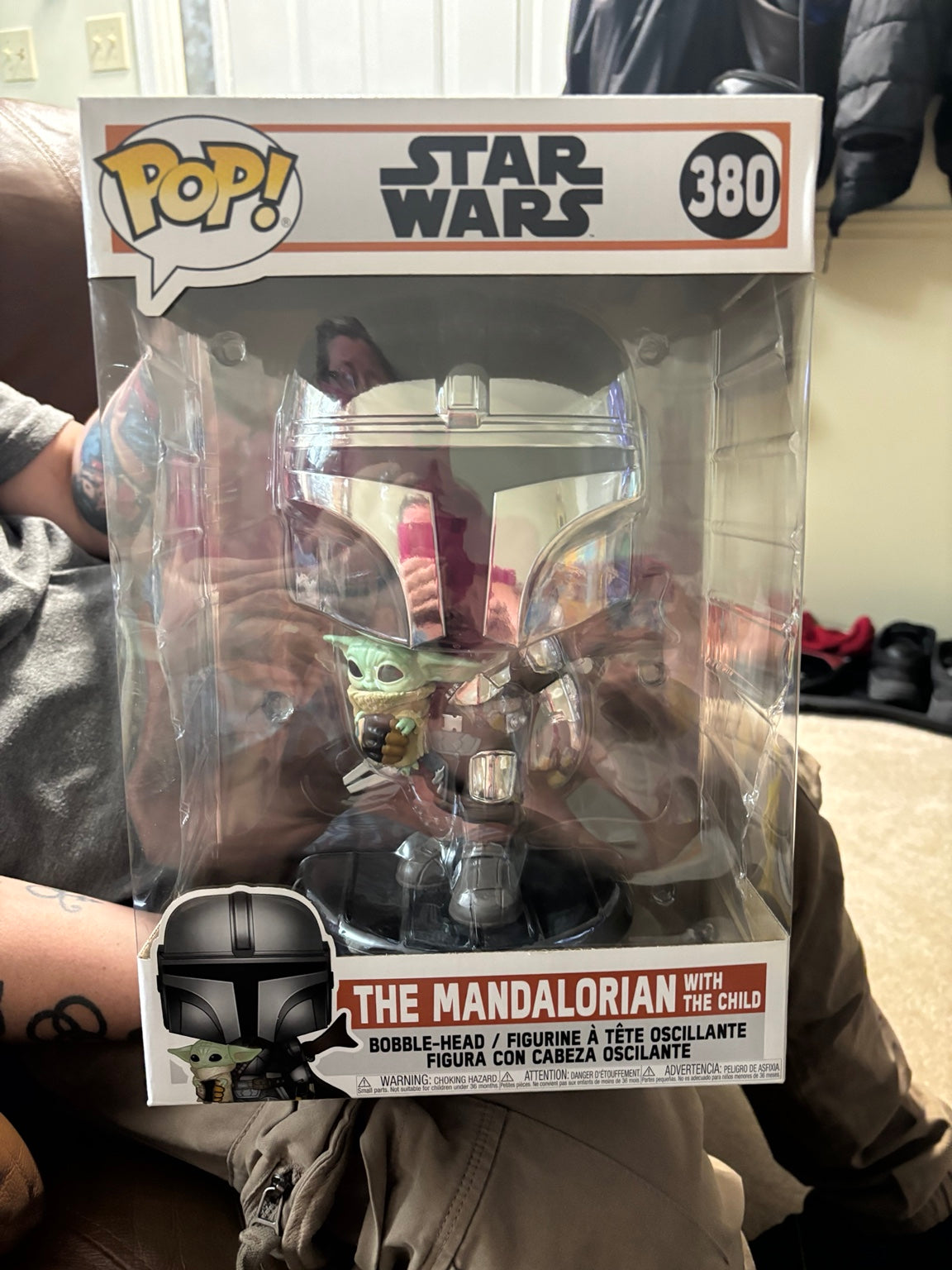 Boxed Funko Pop Star Wars 380 jumbo chrome Mandalorian holding Grogu
