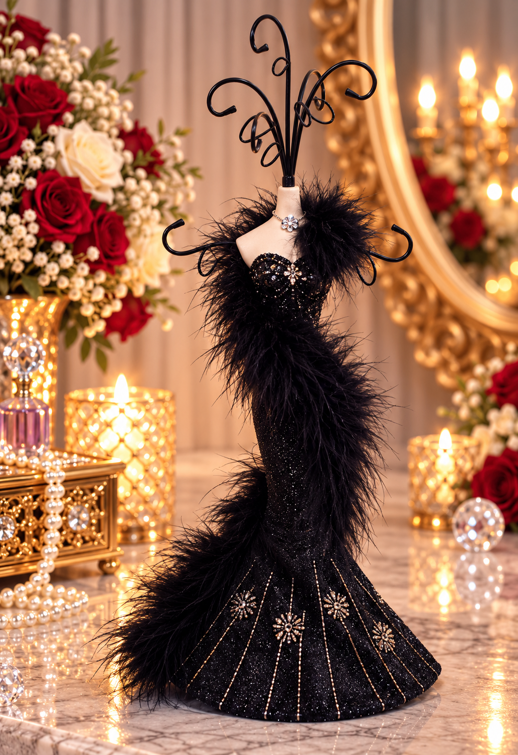 Leeber Giftware Black Feather Evening Gown Jewelry Holder Stand