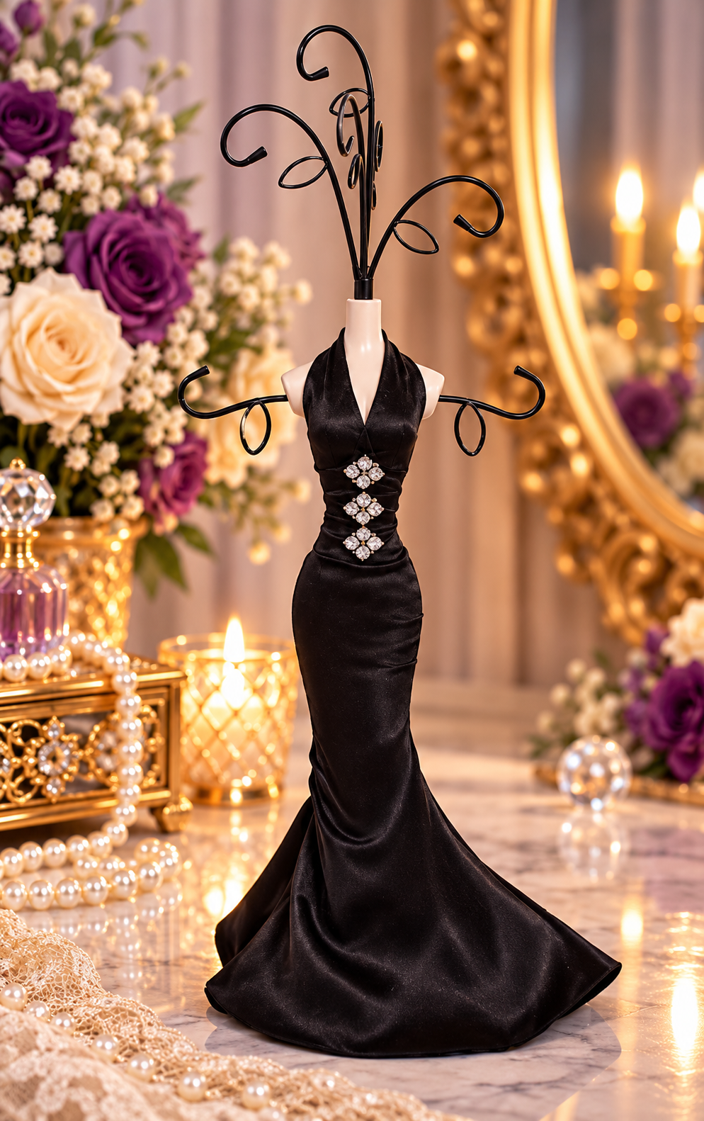 Leeber Giftware Black Satin Rhinestone Evening Gown Jewelry Holder Stand