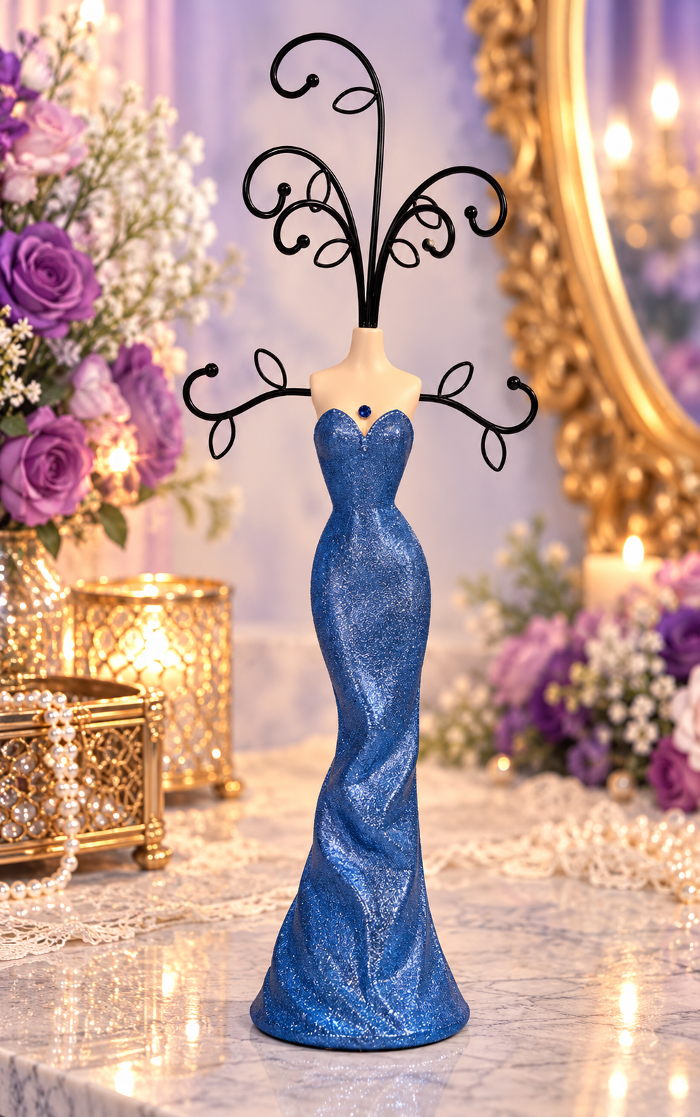 Leeber Giftware blue glitter evening gown jewelry holder stand