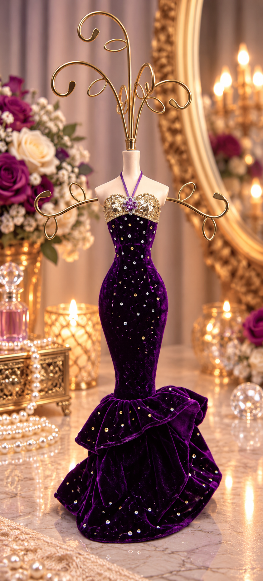 Leeber Giftware Purple & Gold Velvet Evening Gown Jewelry Holder Stand