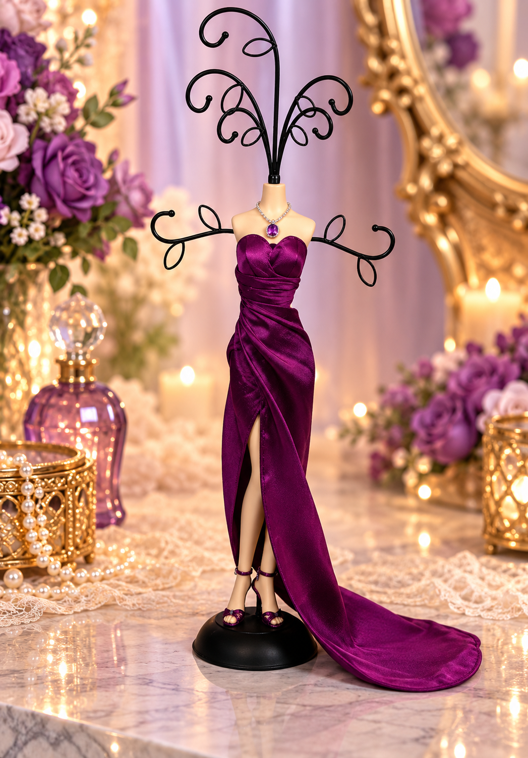 Leeber Giftware Purple Satin Evening Gown Jewelry Holder Stand
